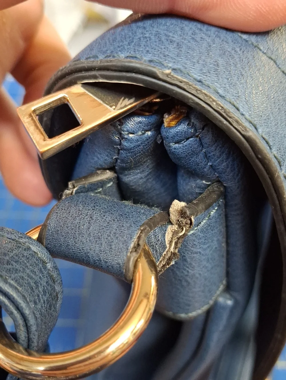 Blue Crossbody Shoulder Bag Multi Pockets Gold Hardware Preloved 10x1x1